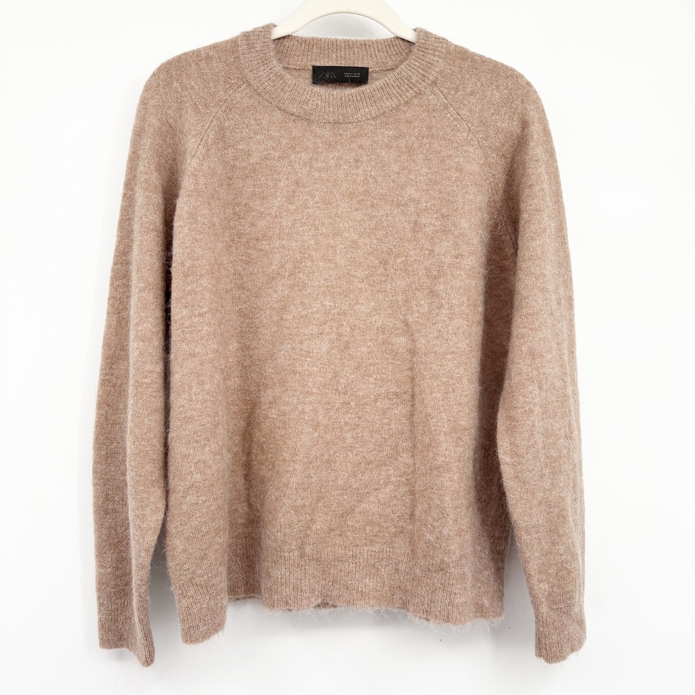 Zara Womens Tan Alpacaβ Wool Blend Fuzzy Minimalist Neutral Crewneck Sweater L